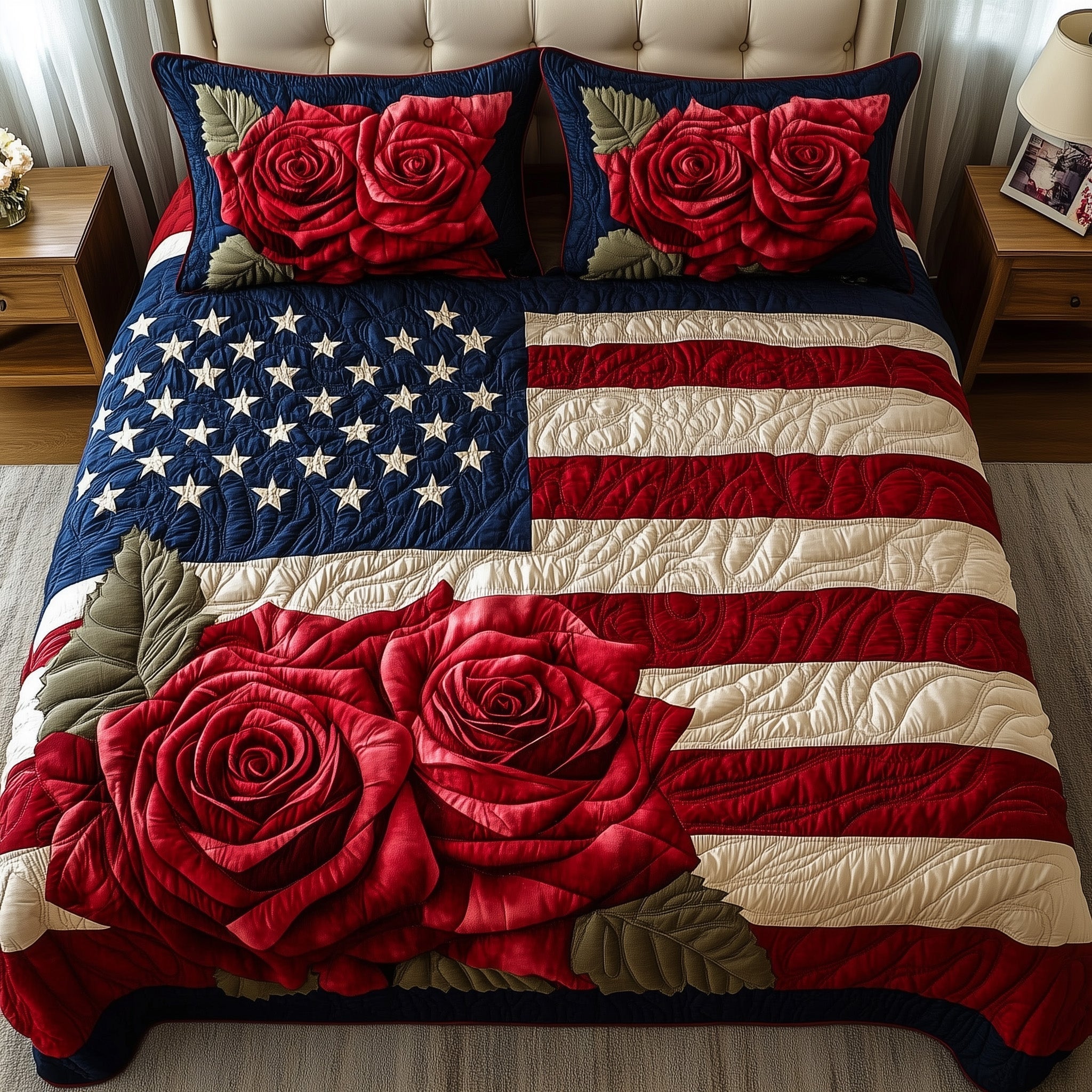 Flowers Roses 250 Flag Quilted Bedding Set American Of Freedom Bedding Gift For Her - Tradiviet