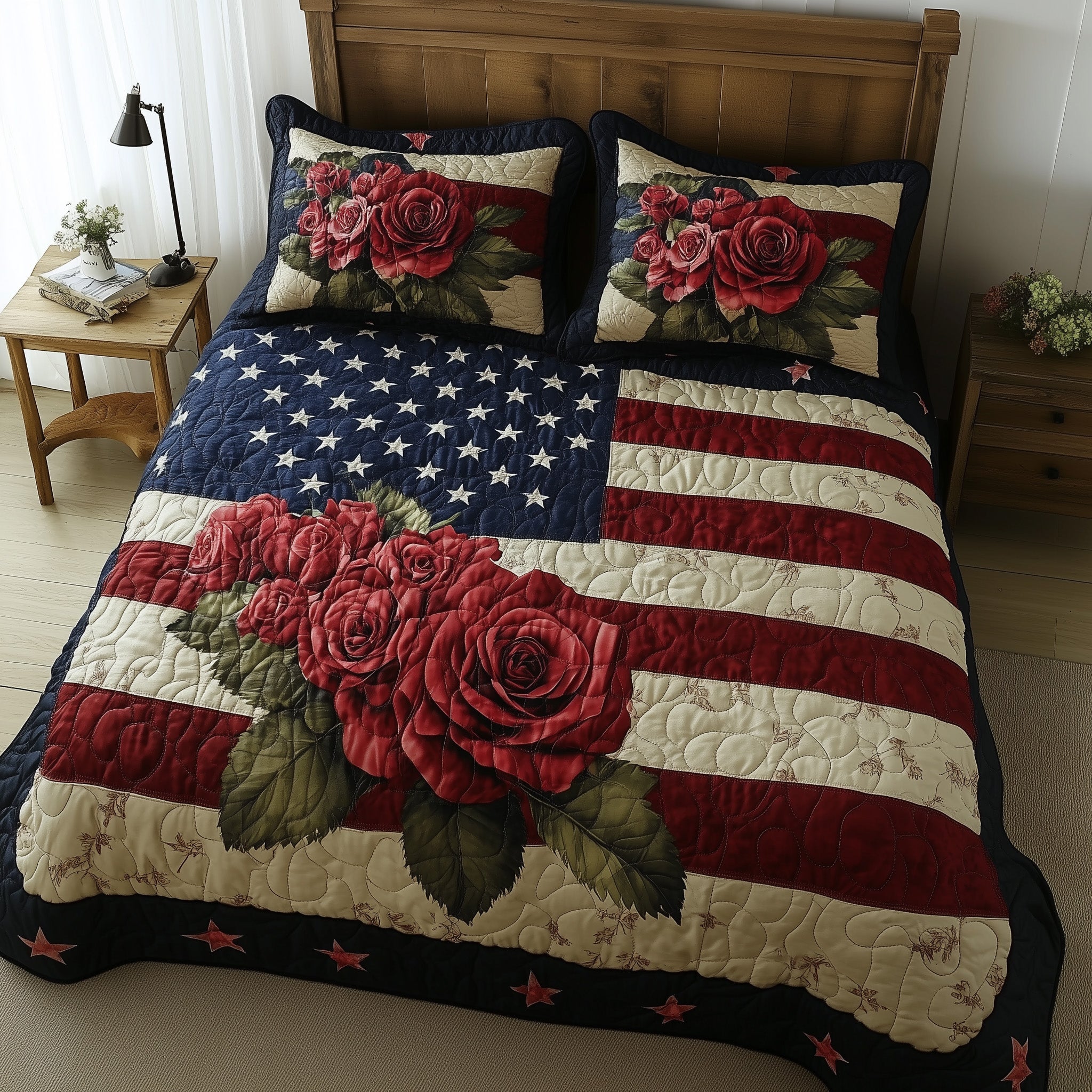 Flowers Roses USA Flag Quilted Bedding Set USA 250 Years Quilt Cover Set Gift For Proud Veteran - Tradiviet