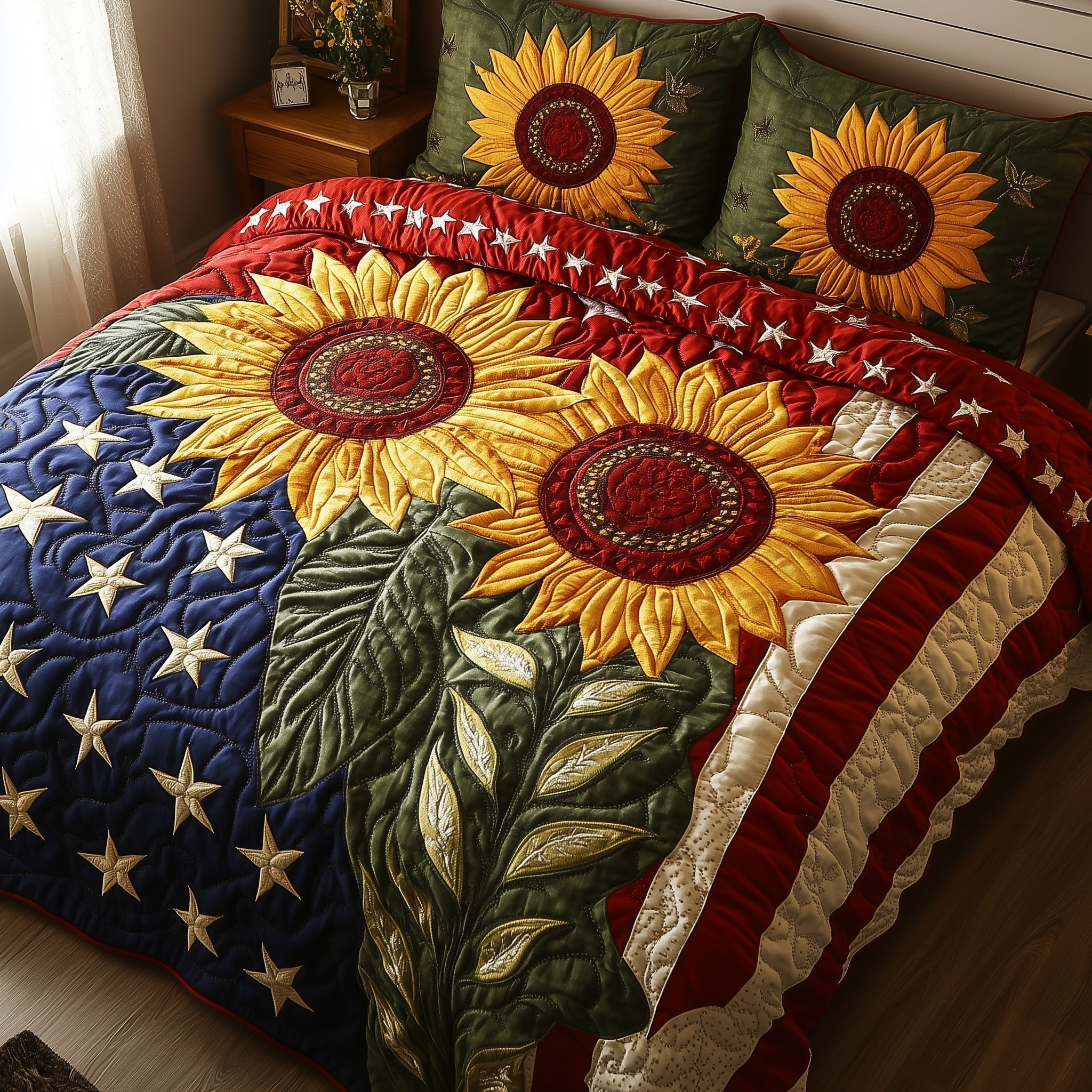 Flowers Sunflower US Flag Quilted Bedding Set American Of Freedom Bedding Set Gift For Home - Tradiviet