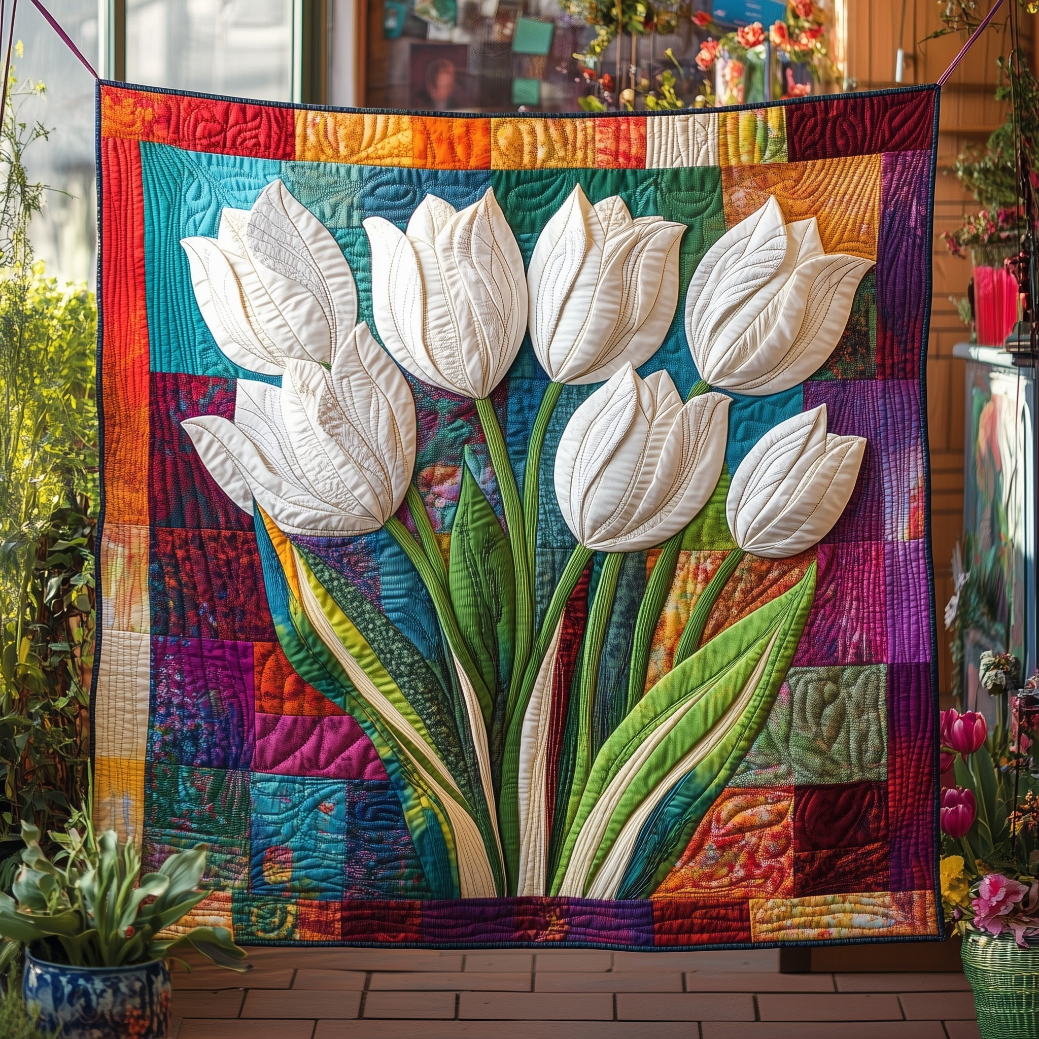 Flowers Tulips Quilt Blanket White On Quilt Meadow Quilt Gift For Mom - Tradiviet