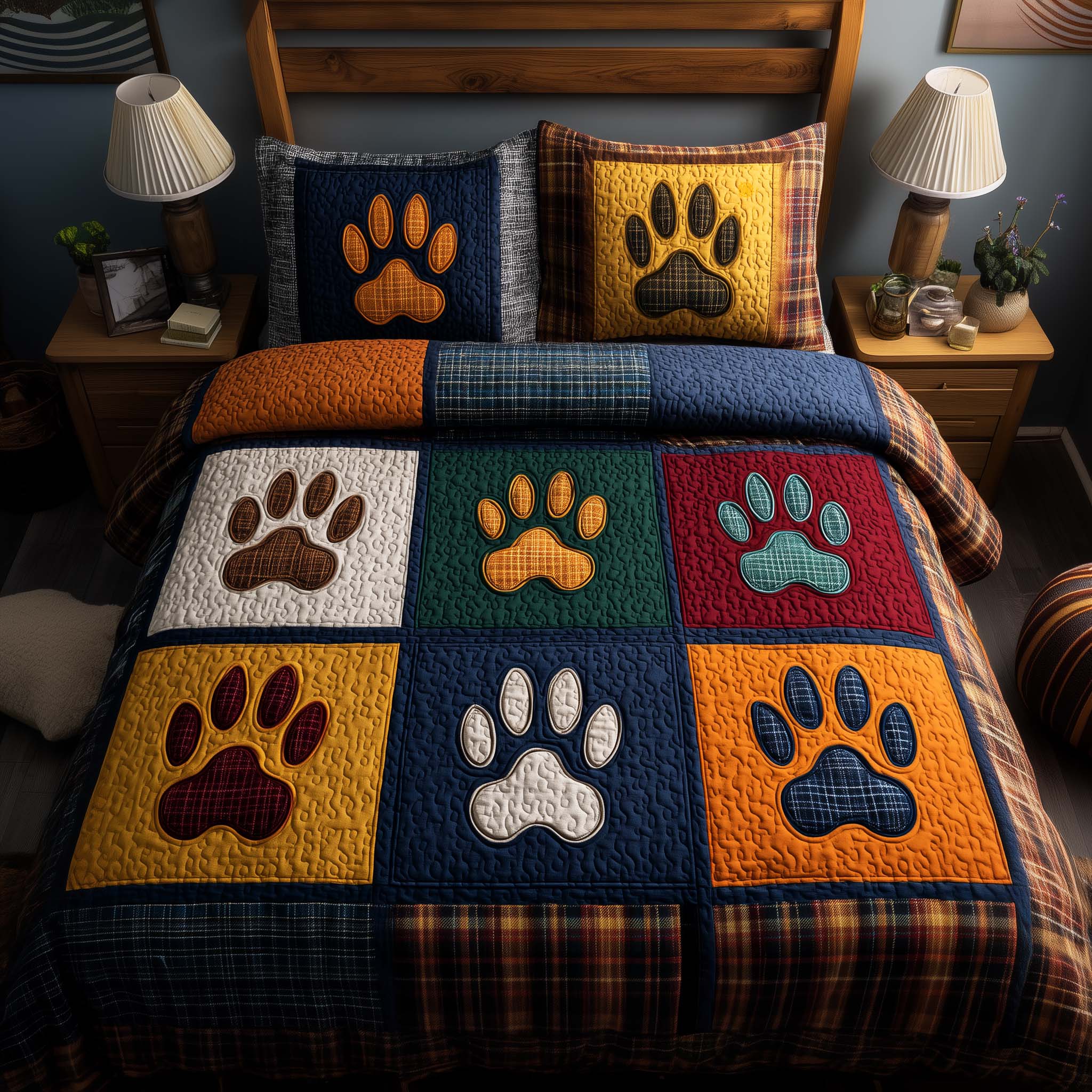 Fluffy Paws Quilted Bedding Set Bed Room Decoration Gift For Pet Lovers - Tradiviet