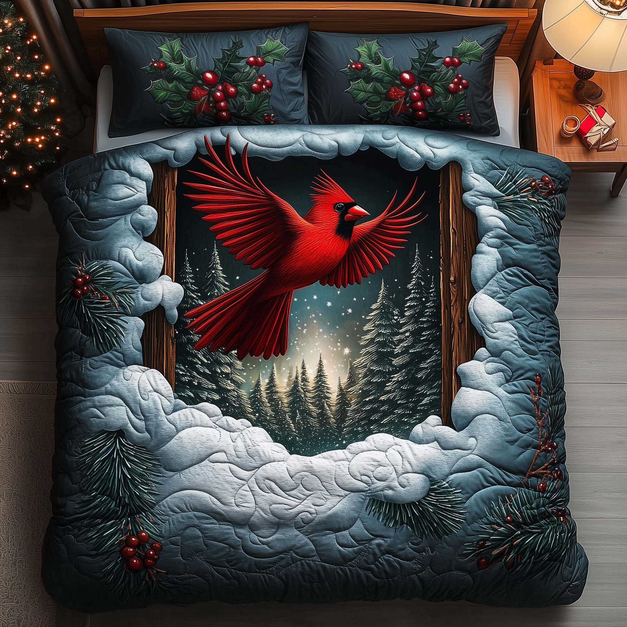 Flying Cardinal Quilted Bedding Set Holiday Decorations Flying Cardinal Gift For Loved Ones - Tradiviet