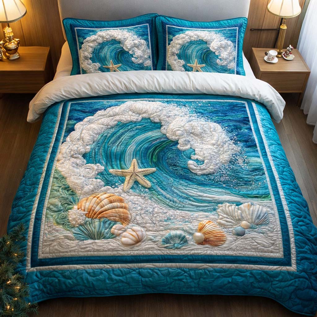 Foamy Wave Quilted Bedding Set Bohemian Bedroom Furniture Dad Gift - Tradiviet
