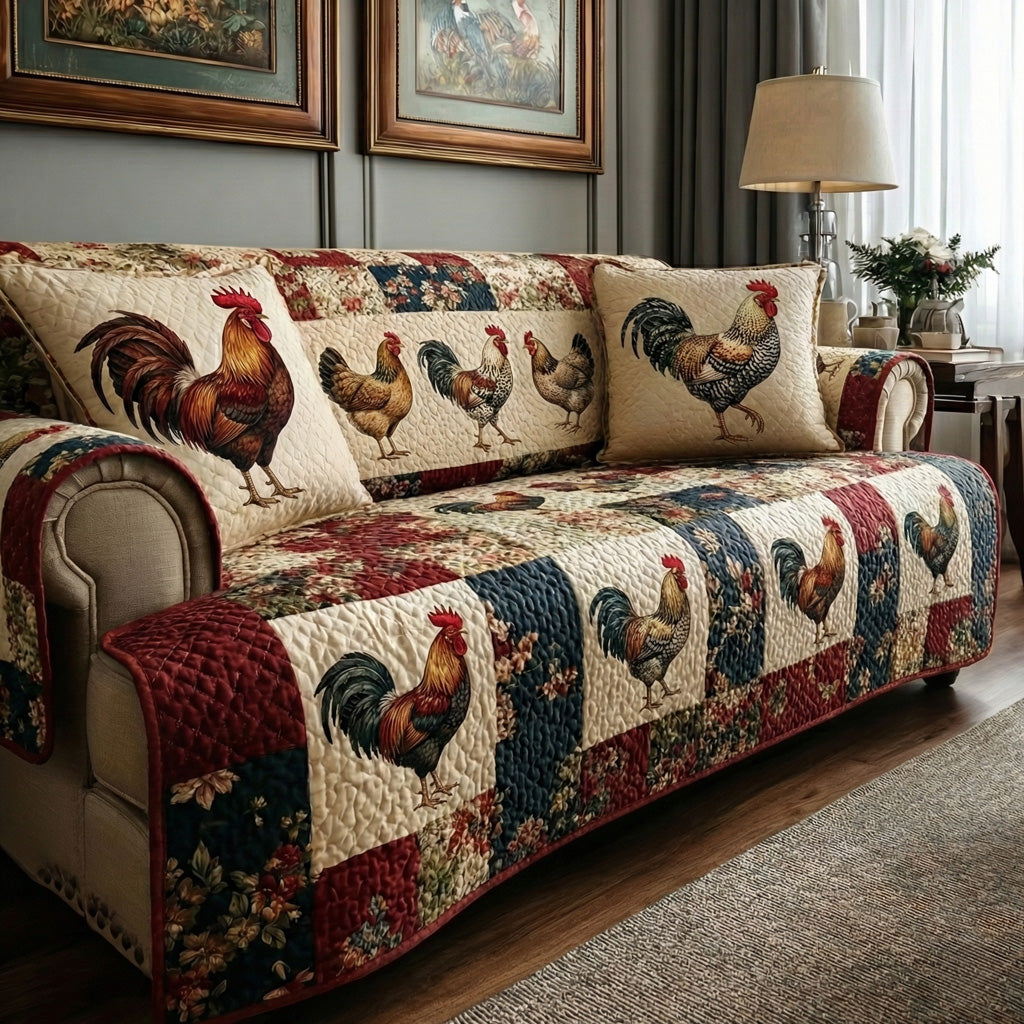 Folk Roosters Quilted Sofa Cover Rooster Folk Pattern Farmhouse Sofa Decor