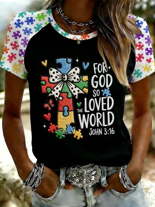 For God So Loved The World T-Shirt Puzzle Cross Autism Awareness Christian Merch Love For Autism - Tradiviet - Image 3