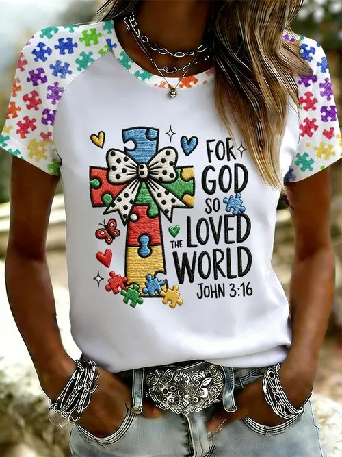 For God So Loved The World T-Shirt Puzzle Cross Autism Awareness Christian Merch Love For Autism - Tradiviet