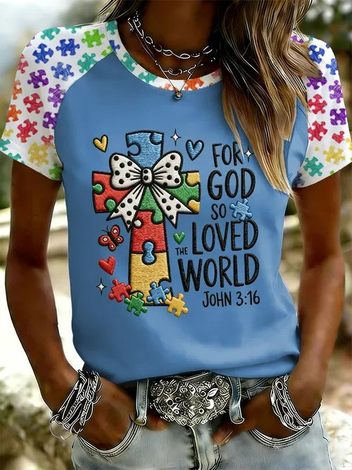 For God So Loved The World T-Shirt Puzzle Cross Autism Awareness Christian Merch Love For Autism - Tradiviet - Image 2