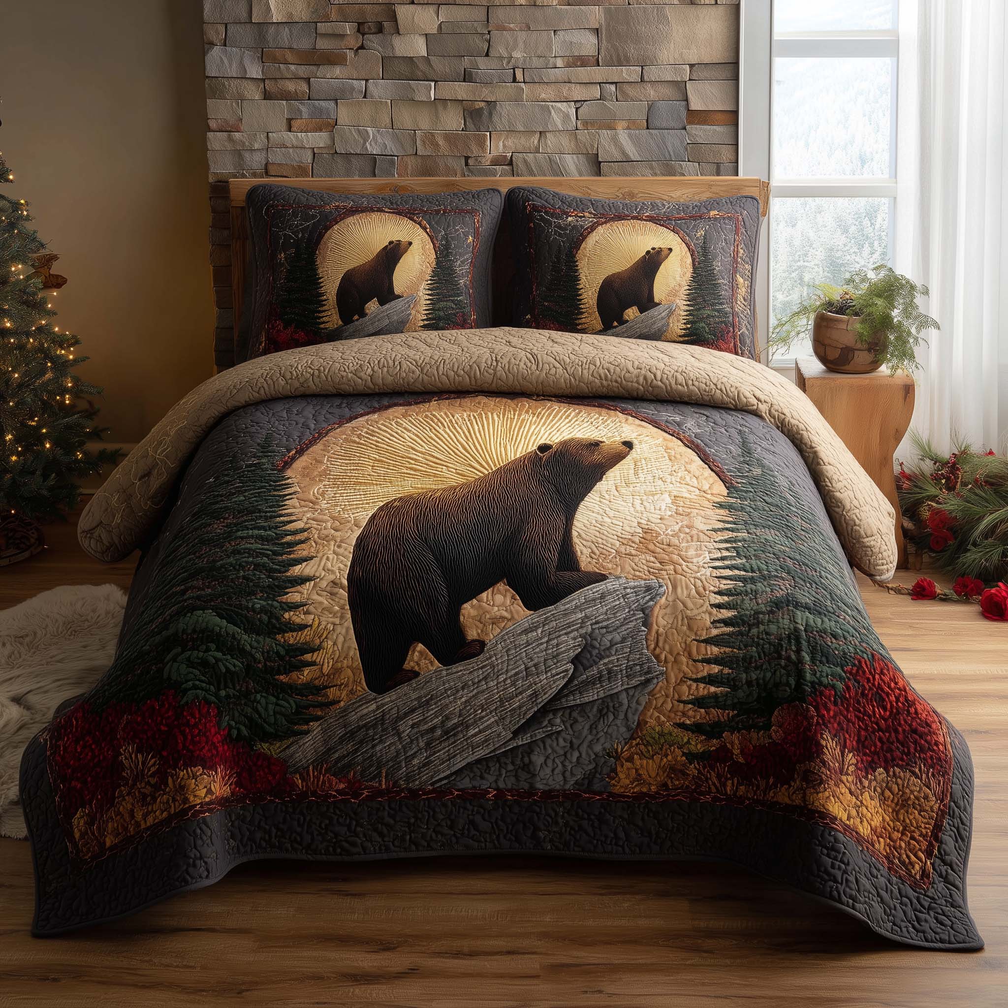 Forest Bear Quilted Bedding Set Autumn Inspired Bedroom Cute Bear Gift Ideas - Tradiviet