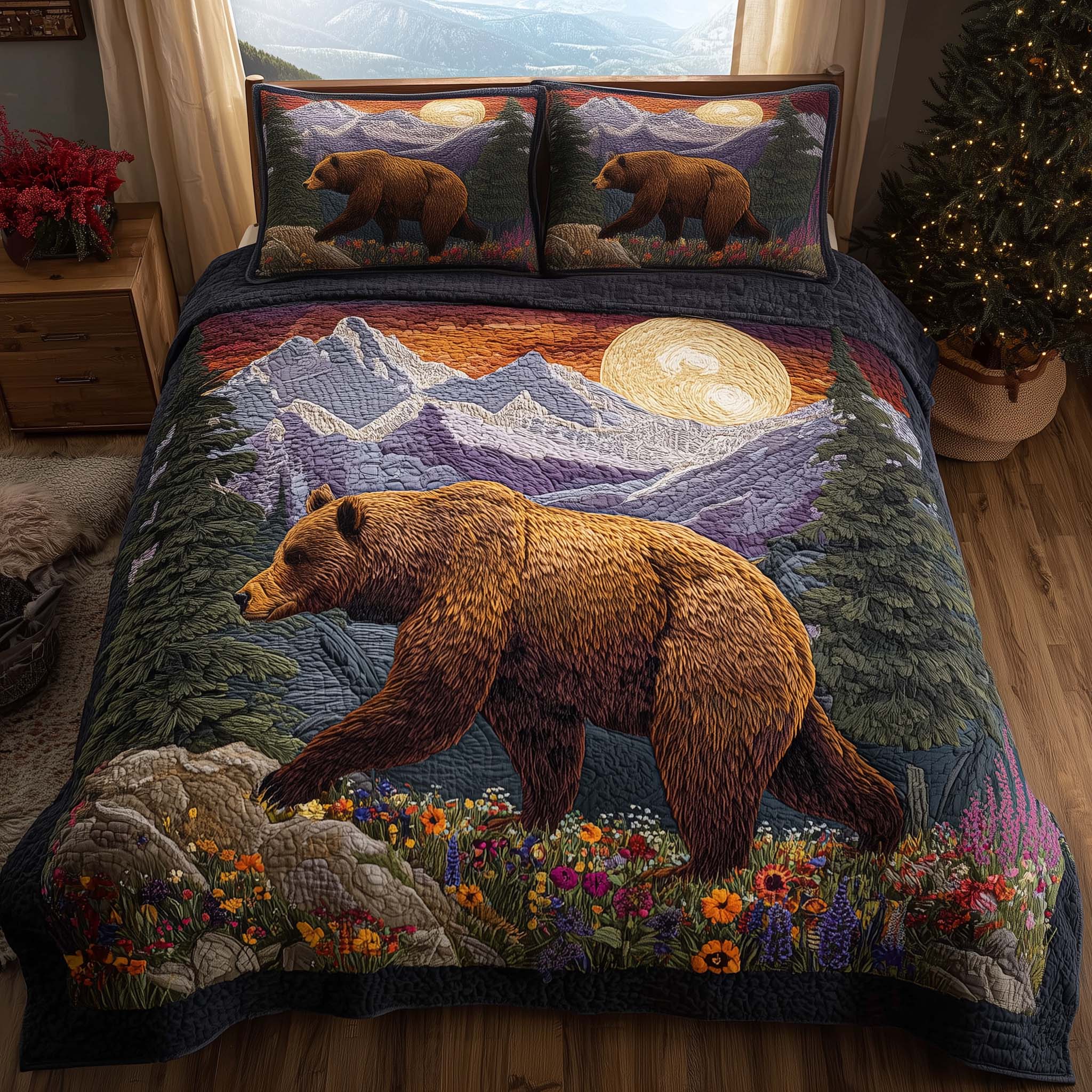 Forest Bear Quilted Bedding Set Bedroom Decorations Bear Themed Gifts - Tradiviet
