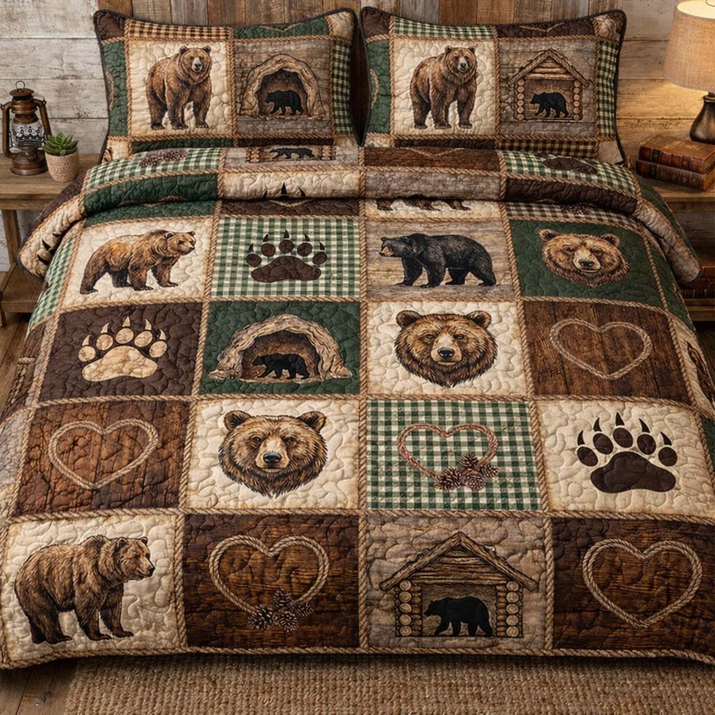 Forest Bear Quilted Bedding Set Bedroom Ideas Decorations Gift For Grandpa - Tradiviet