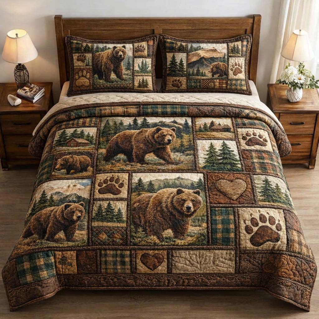Forest Bear Quilted Bedding Set Bedroom Ideas Decorations Gift For Husband - Tradiviet