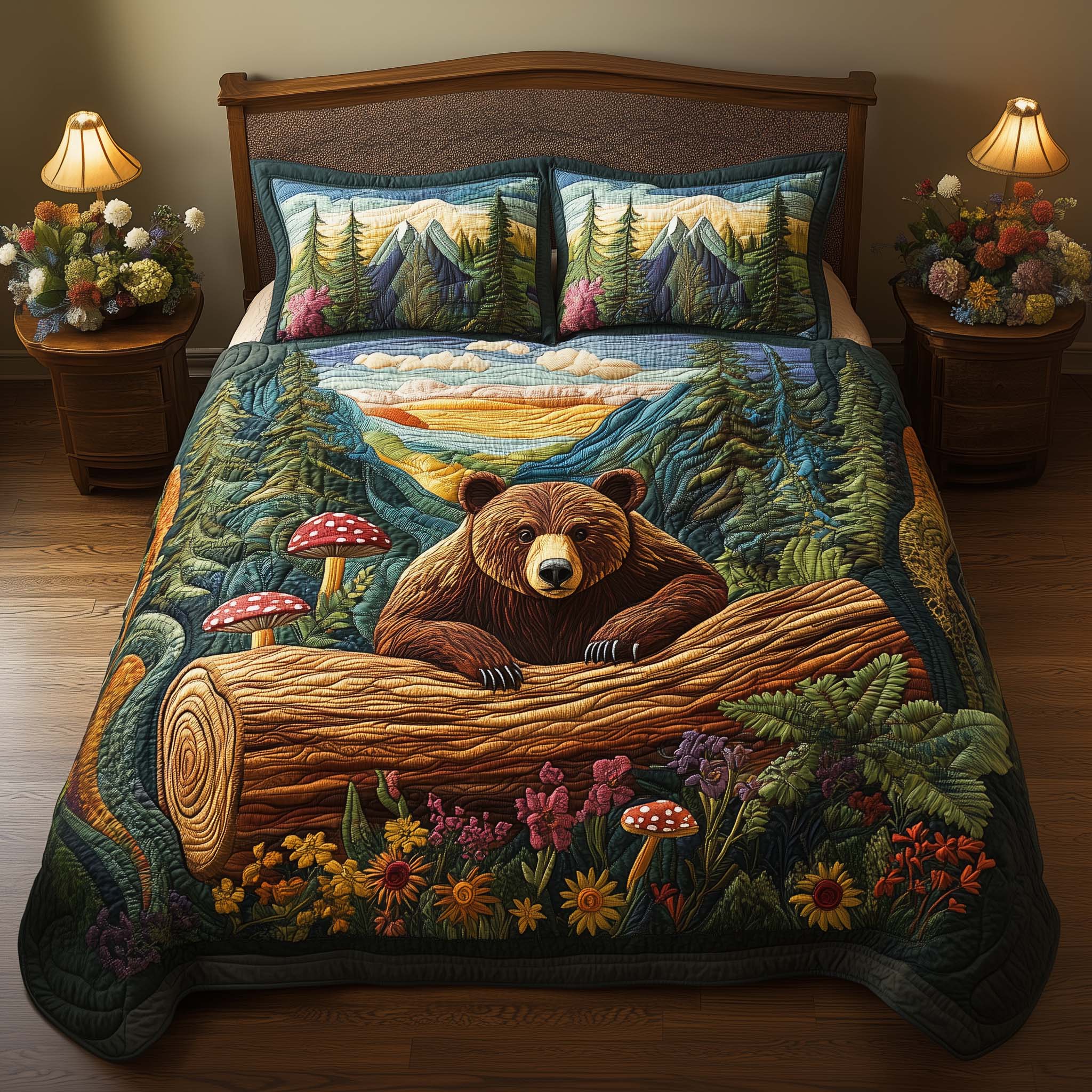Forest Bear Quilted Bedding Set Bohemian Bedroom Furniture Best Gifts For Bear Lovers Men - Tradiviet