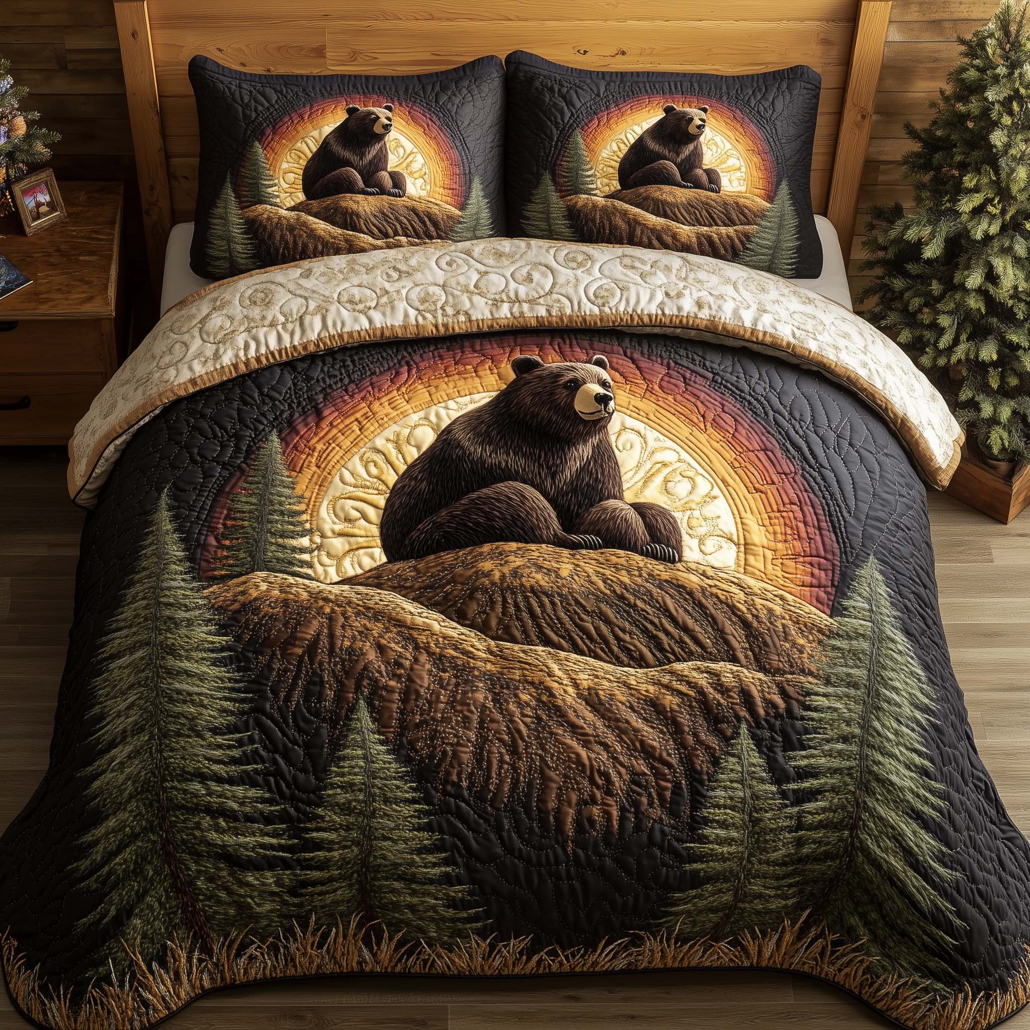 Forest Bear Quilted Bedding Set Holiday Home Decor Gifts For Bear Lovers - Tradiviet