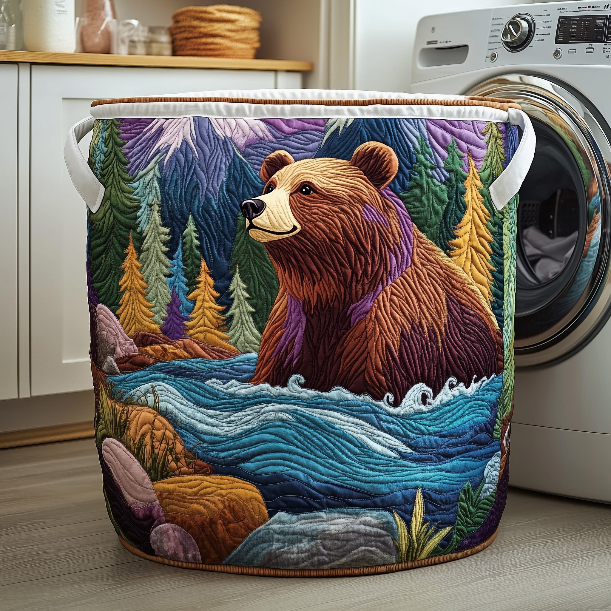 Forest Bear Quilted Laundry Basket Aesthetic Storage Baskets Presents For Daughter - Tradiviet