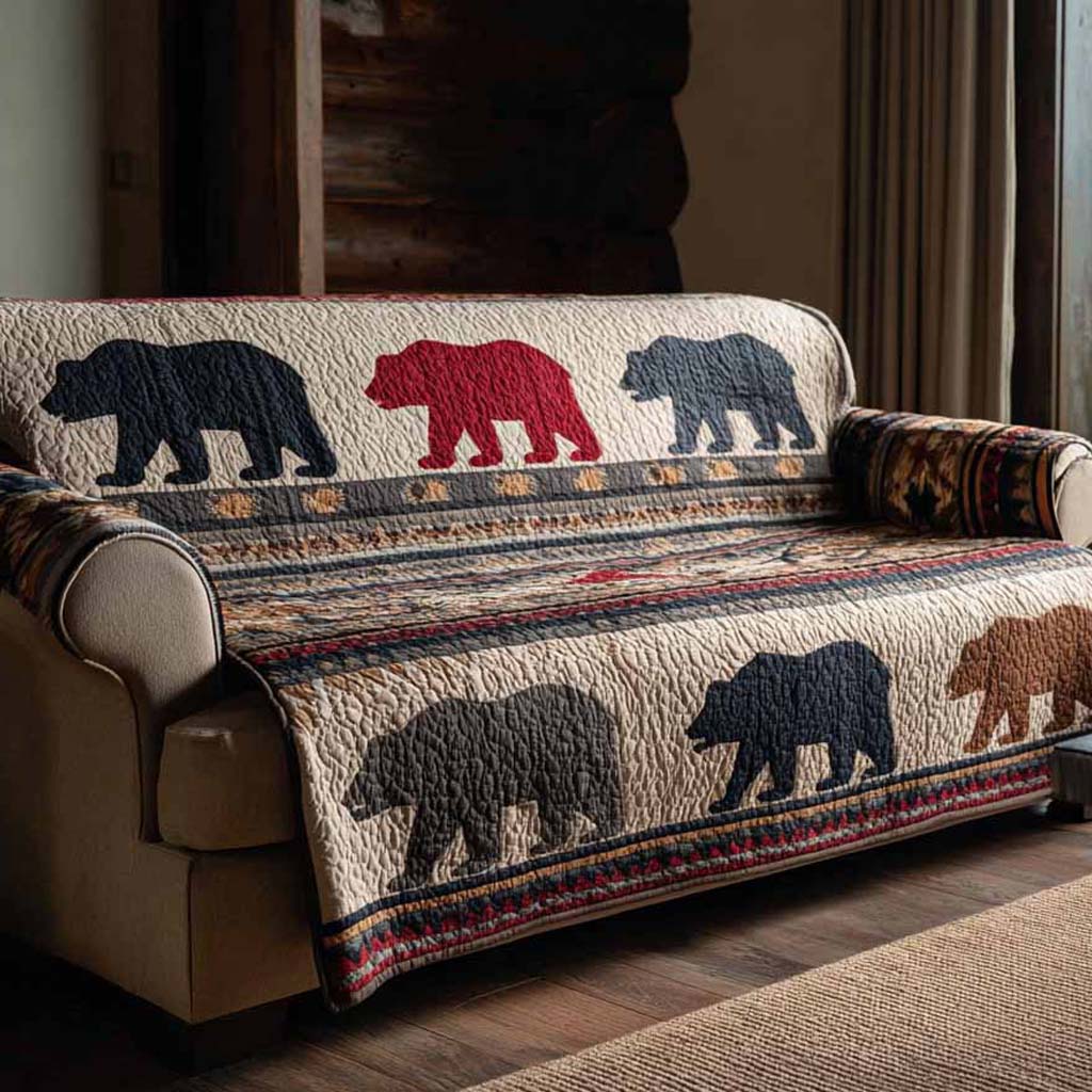 Forest Bear Quilted Sofa Cover Bear Forest Wildlife Pattern Cabin Living Room Decor