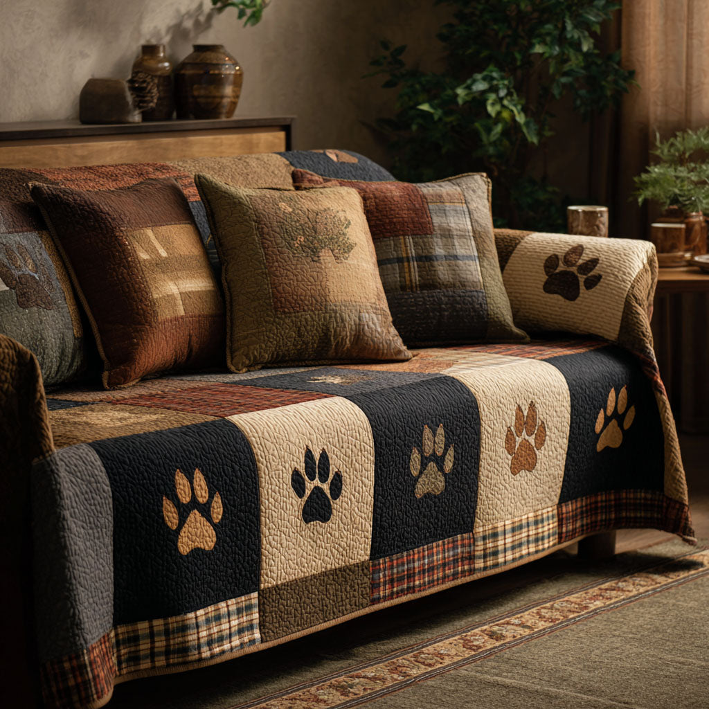 Forest Bear Quilted Sofa Cover Gift For Nature Lover