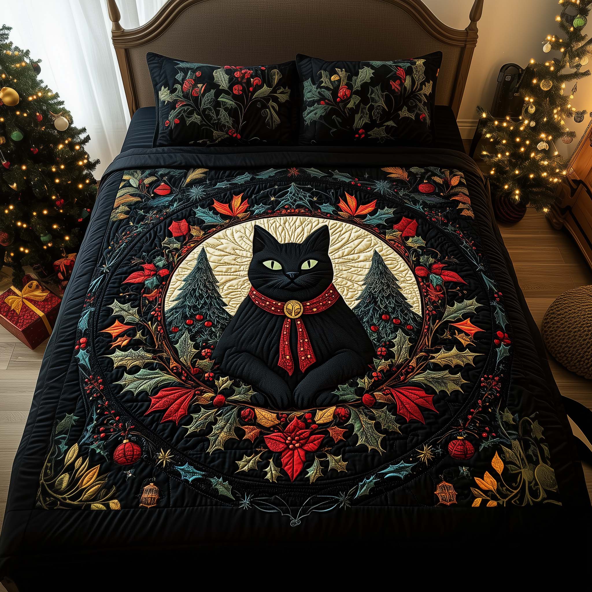 Forest Cat Quilted Bedding Set Holiday House Decorations Best Gifts For Cat Lovers - Tradiviet
