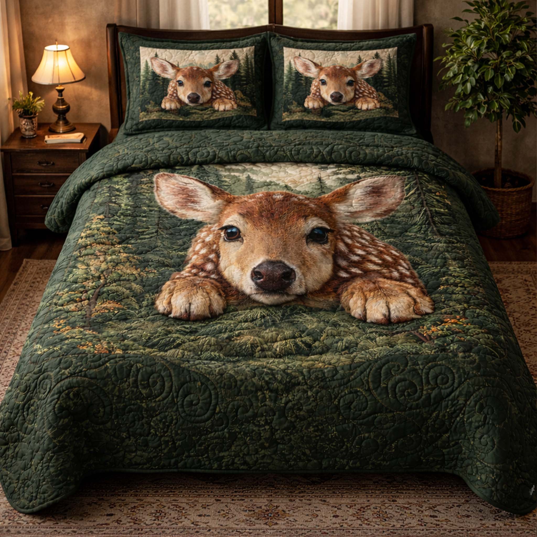 Forest Fawn Quilted Bedding Set Holiday Home Decor Gift For Outdoor Adventurers - Tradiviet