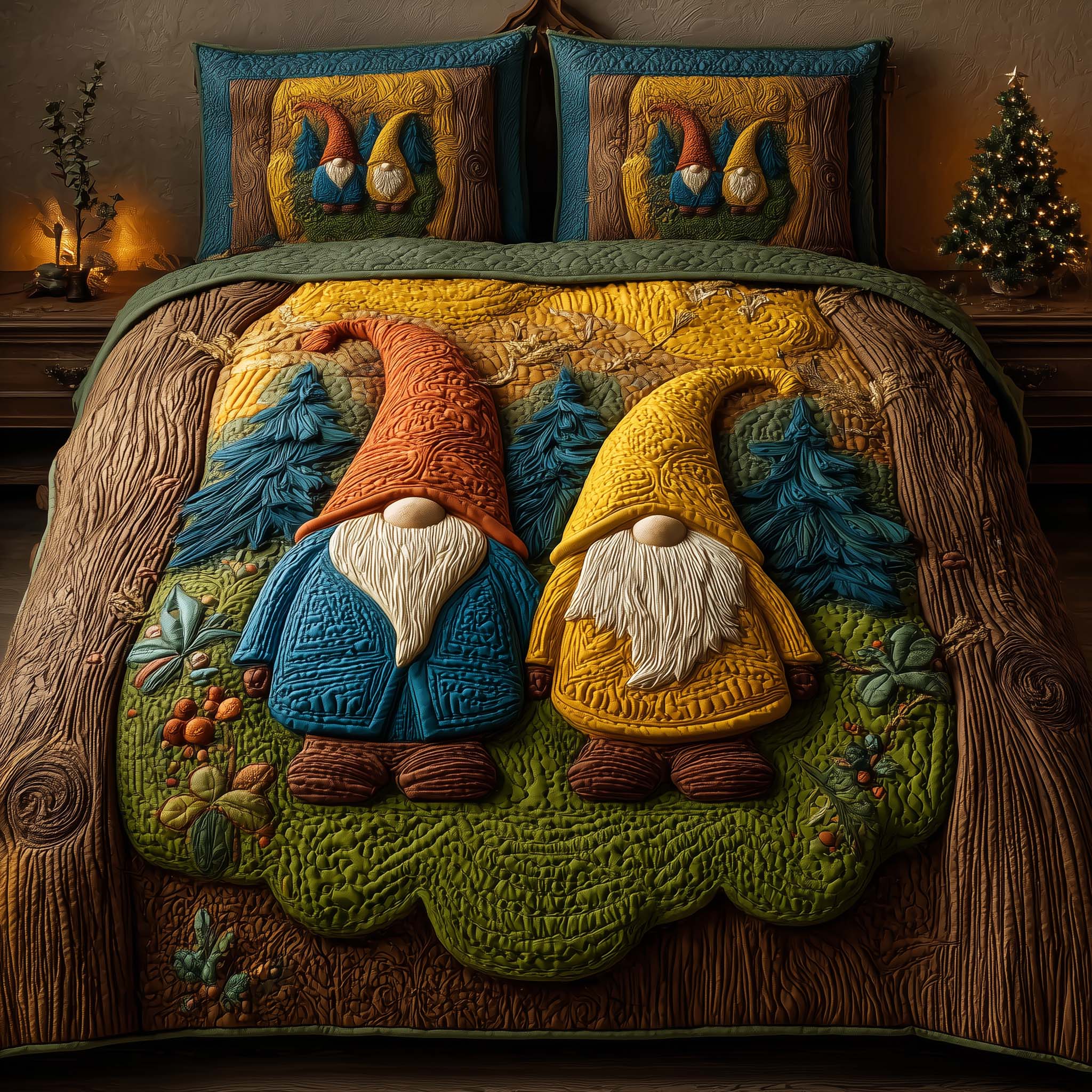 Forest Gnomes Quilted Bedding Set Holiday Home Decor Best Gnome Gifts - Tradiviet