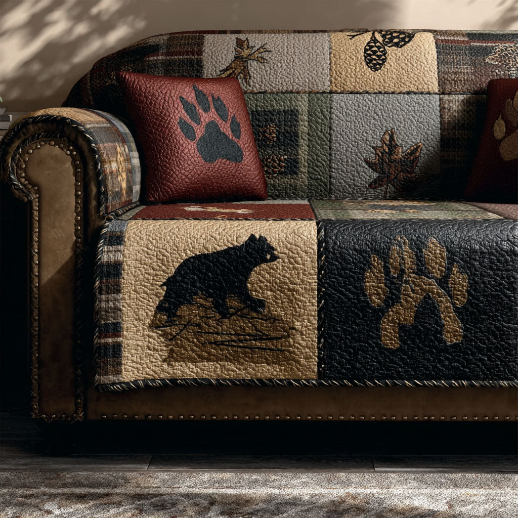 Forest Heart Bear Quilted Sofa Cover Cozy Forest Cabin Decor