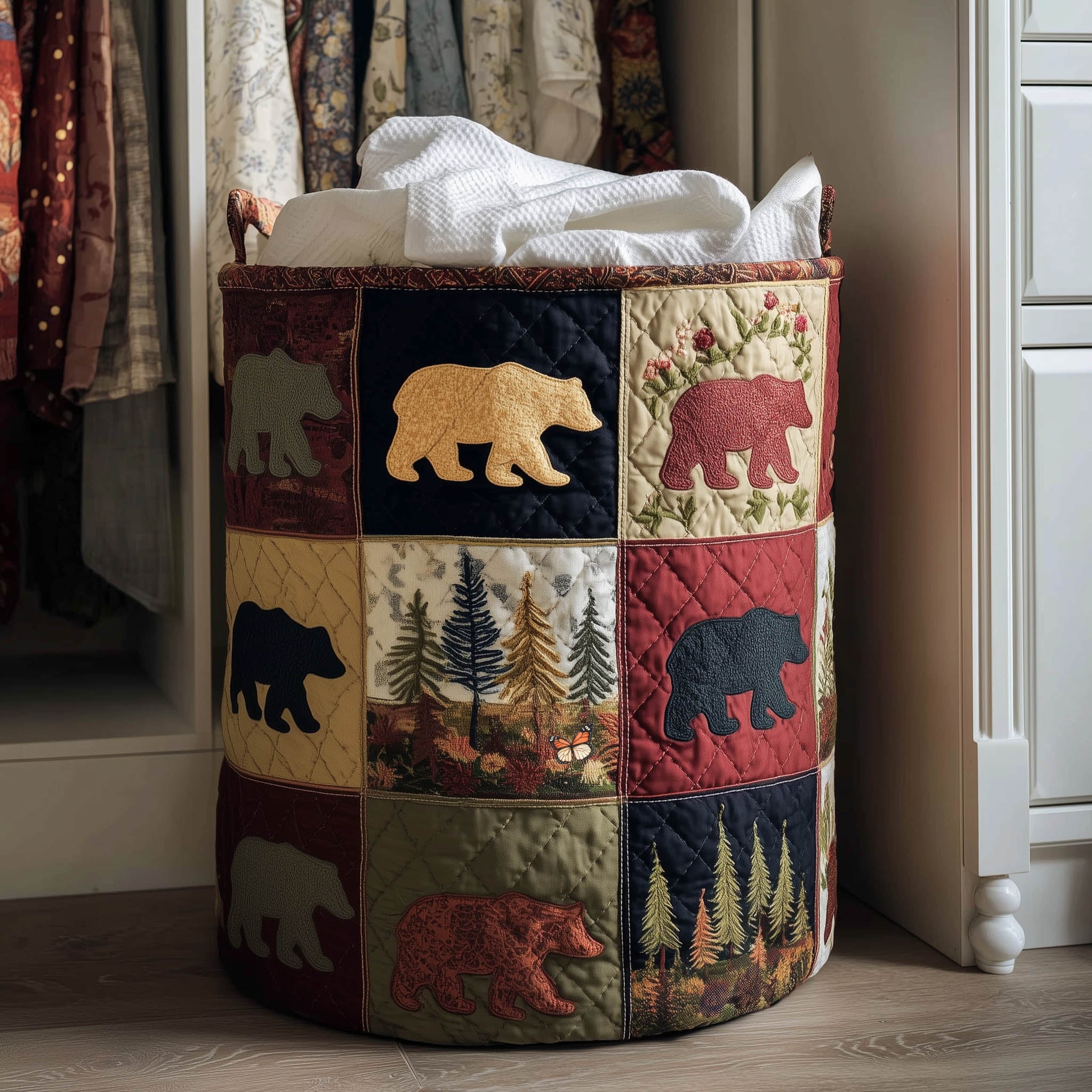 Forest Patchwork Quilted Laundry Basket Cute Room Decor Dad Gifts - Tradiviet