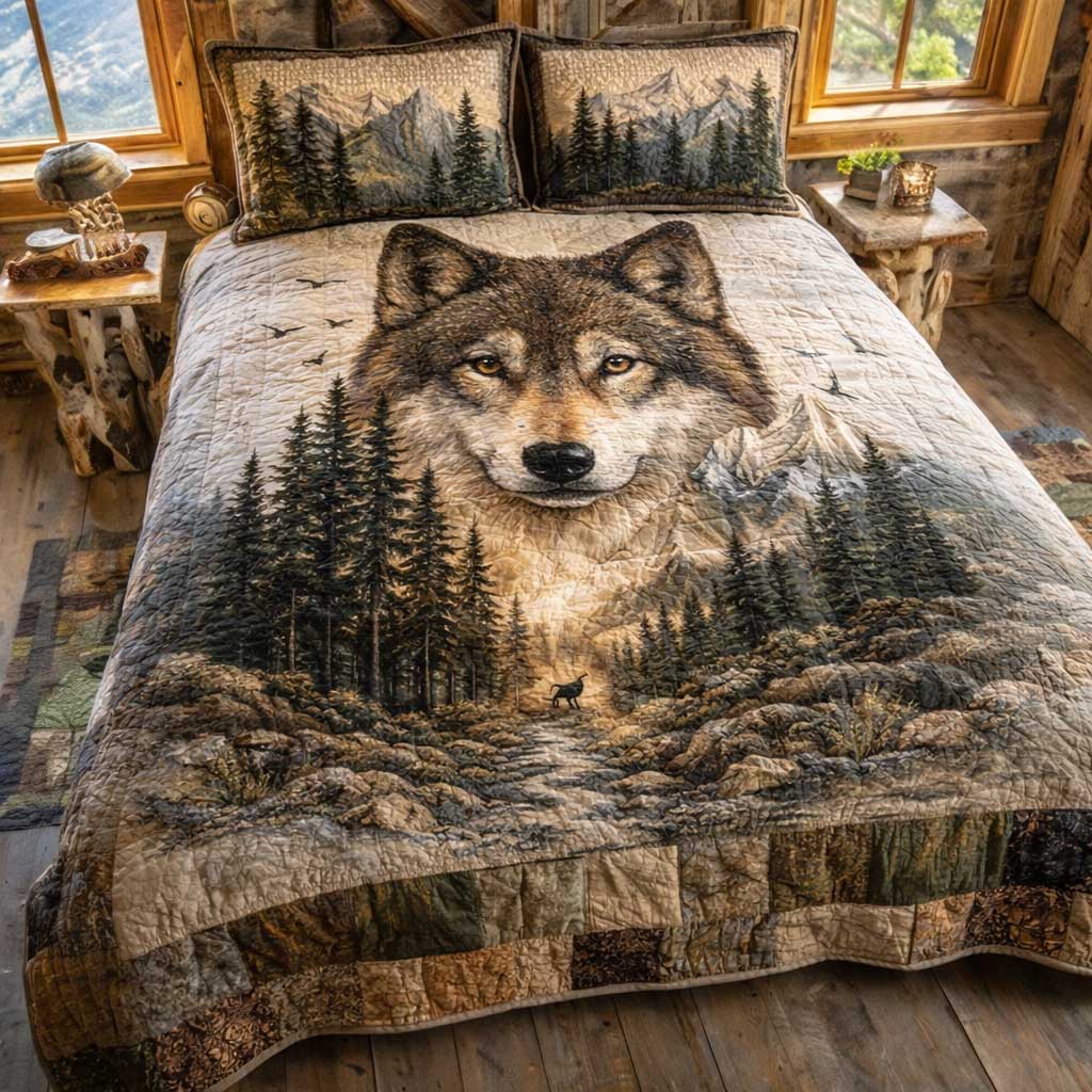 Forest Wolf Quilted Bedding Set Holiday Home Decor Gifts For People Who Love Wolves - Tradiviet