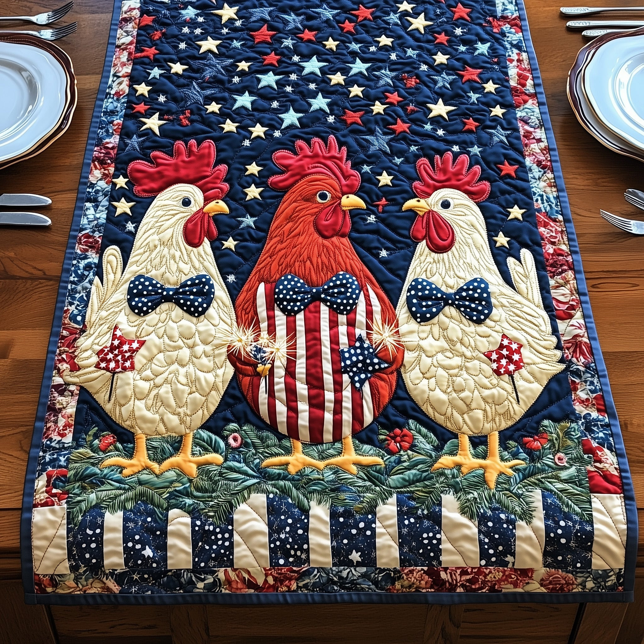 Fourth of July Fowl Quilted Table Runner  Holiday Table Runner Best Independence Gift