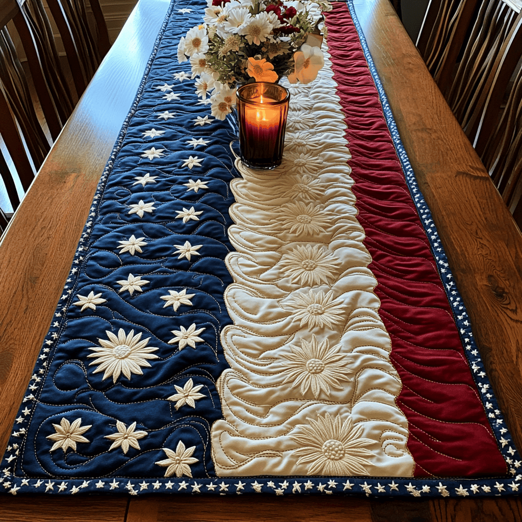 Freedom Bloom Quilted Table Runner  Autumn Table Runner Fourth Of July Birthday Presents