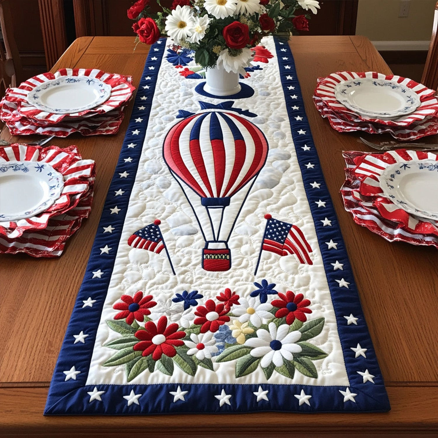 Freedom Blooms n Balloons Quilted Table Runner  Dining Table Runner Fourth Of July Birthday Gifts