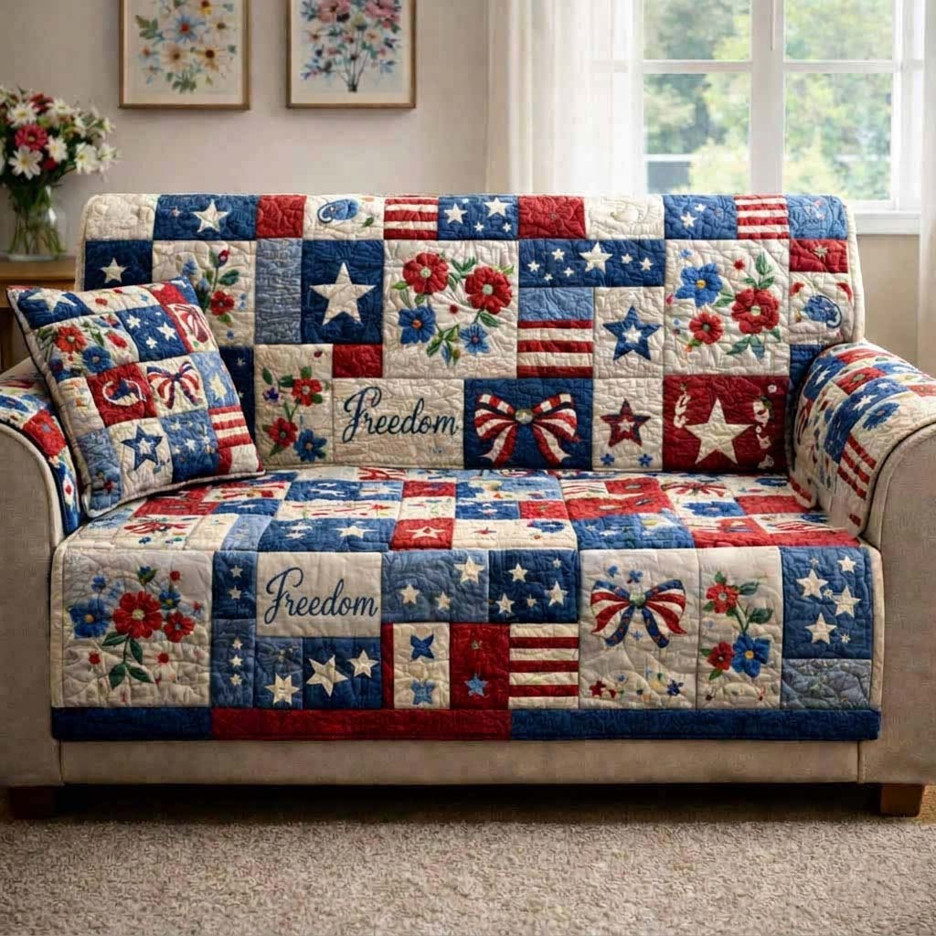Freedom Love Quilted Sofa Cover Patriotic Heart Sofa Decor Independence Day Gift