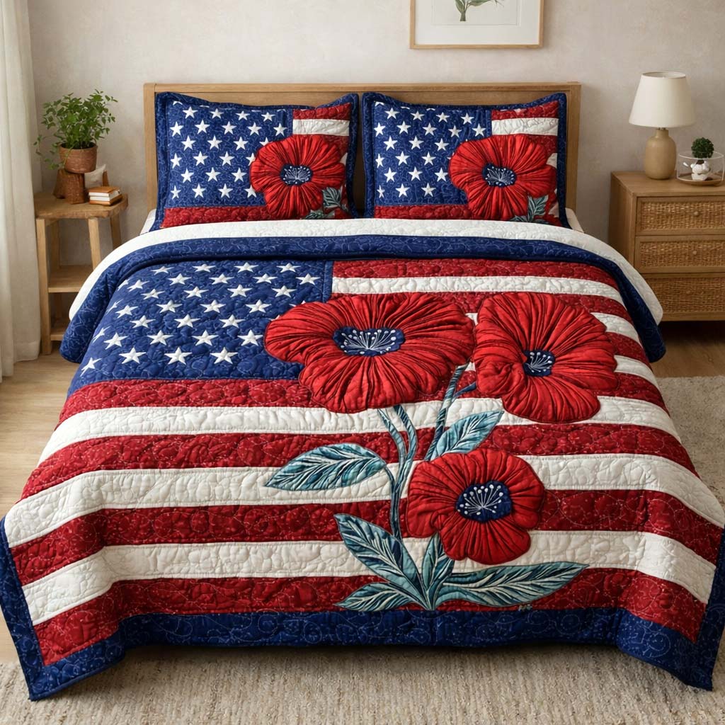 Freedom Poppies Quilted Bedding Set Bedroom Ideas Decorations Gift For Men - Tradiviet