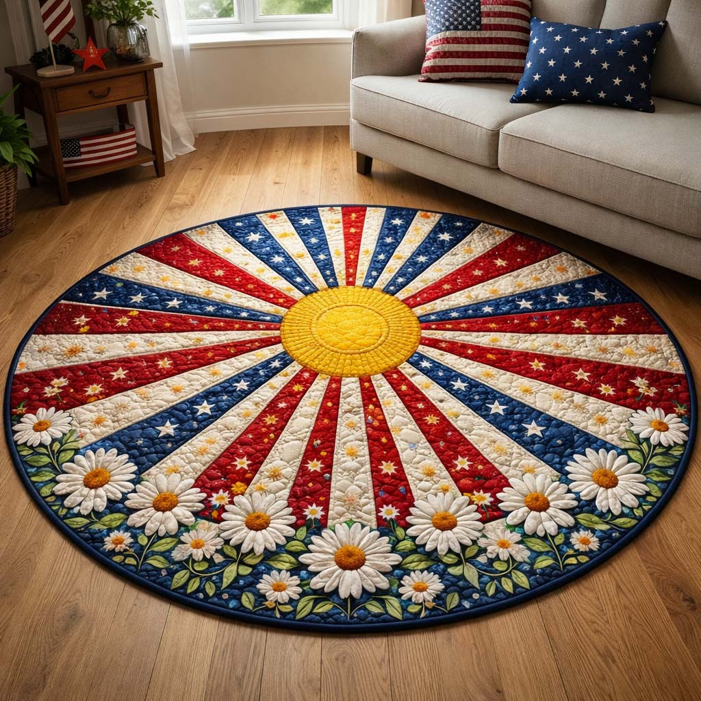 Freedom Sunburst Quilted Round Mat Patriotic American Flag Daisy Decor Gift For Mom - Tradiviet