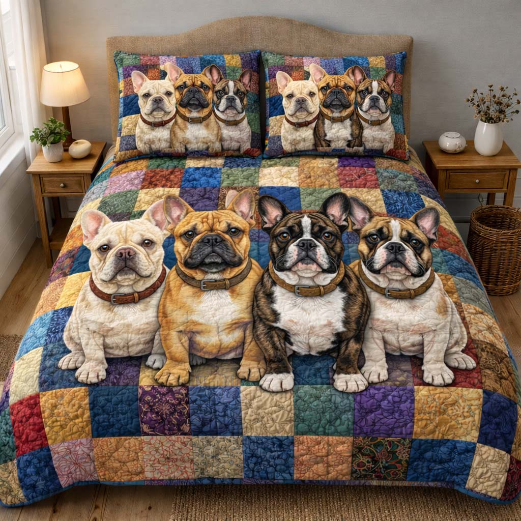 French Bulldog Quilted Bedding Set Mens Bedroom Decor Best Gifts For French Bulldog Owners - Tradiviet
