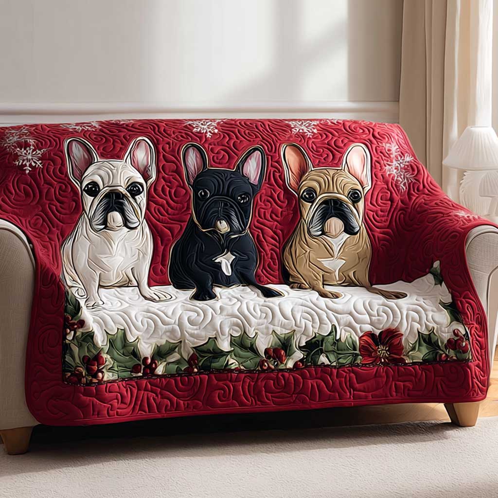 Frenchie Holiday Quilted Sofa Cover French Bulldog Christmas Gift
