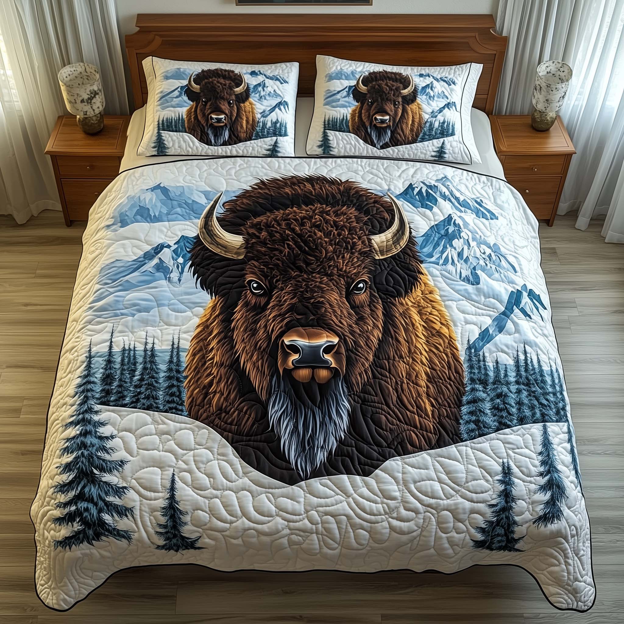 Frosted Bison Quilted Bedding Set Bedroom Decorations Gift For Wildlife Lovers - Tradiviet