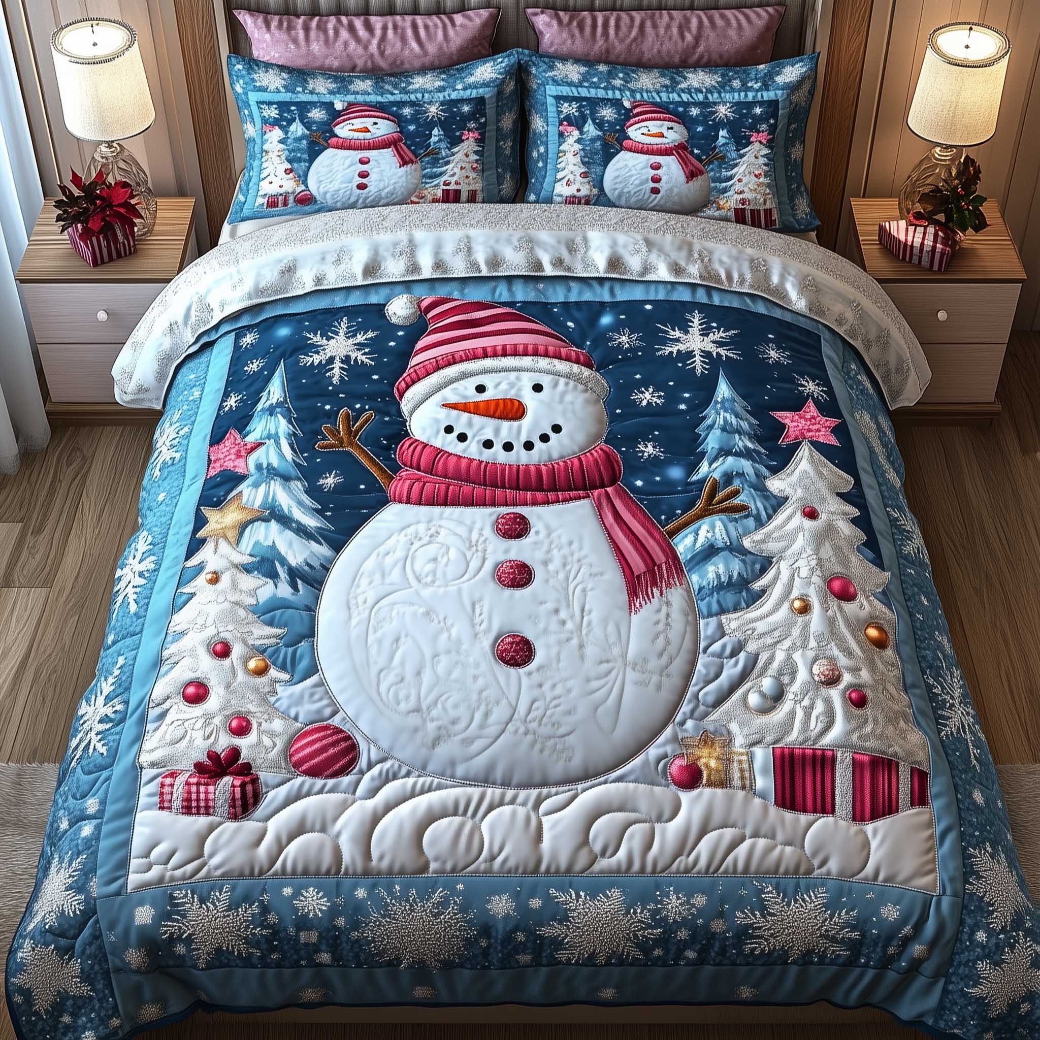 Frosty Friends Quilted Bedding Set Holiday Bedroom Decor Gift For Cozy Decor - Tradiviet