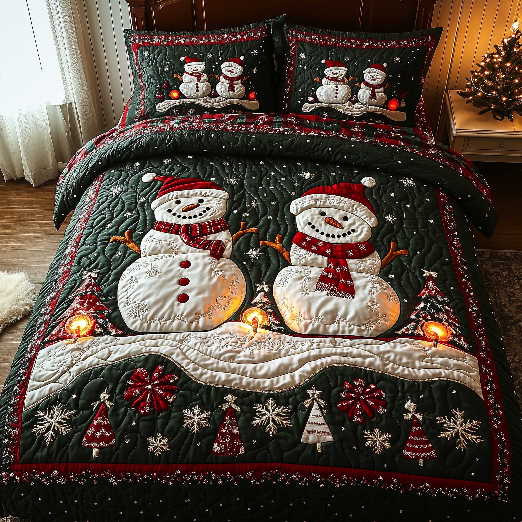 Frosty Friends Quilted Bedding Set Holiday Bedroom Decor Gift For Winter Holidays - Tradiviet