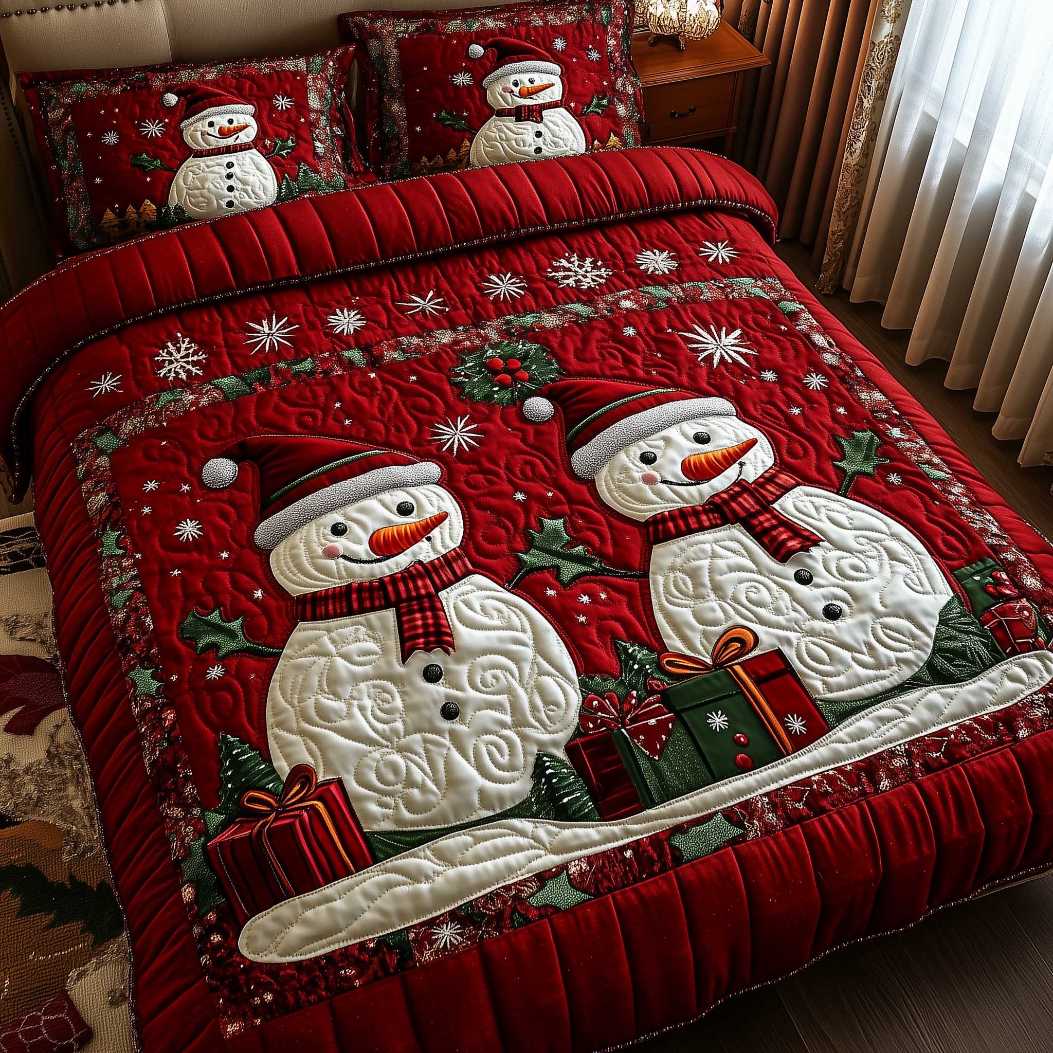 Frosty Friends Quilted Bedding Set Mens Bedroom Decor Gift For Holiday Cheer - Tradiviet