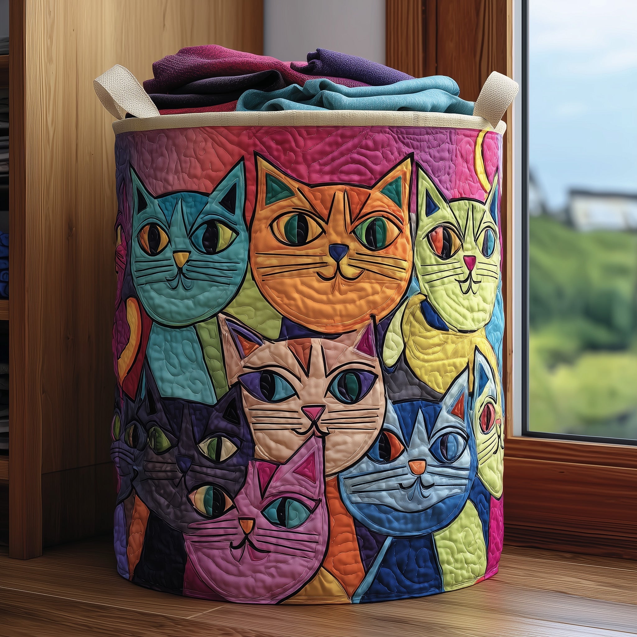 Funky Cat Quilted Laundry Basket Holiday Room Decor Unique Mother's Day Gifts - Tradiviet