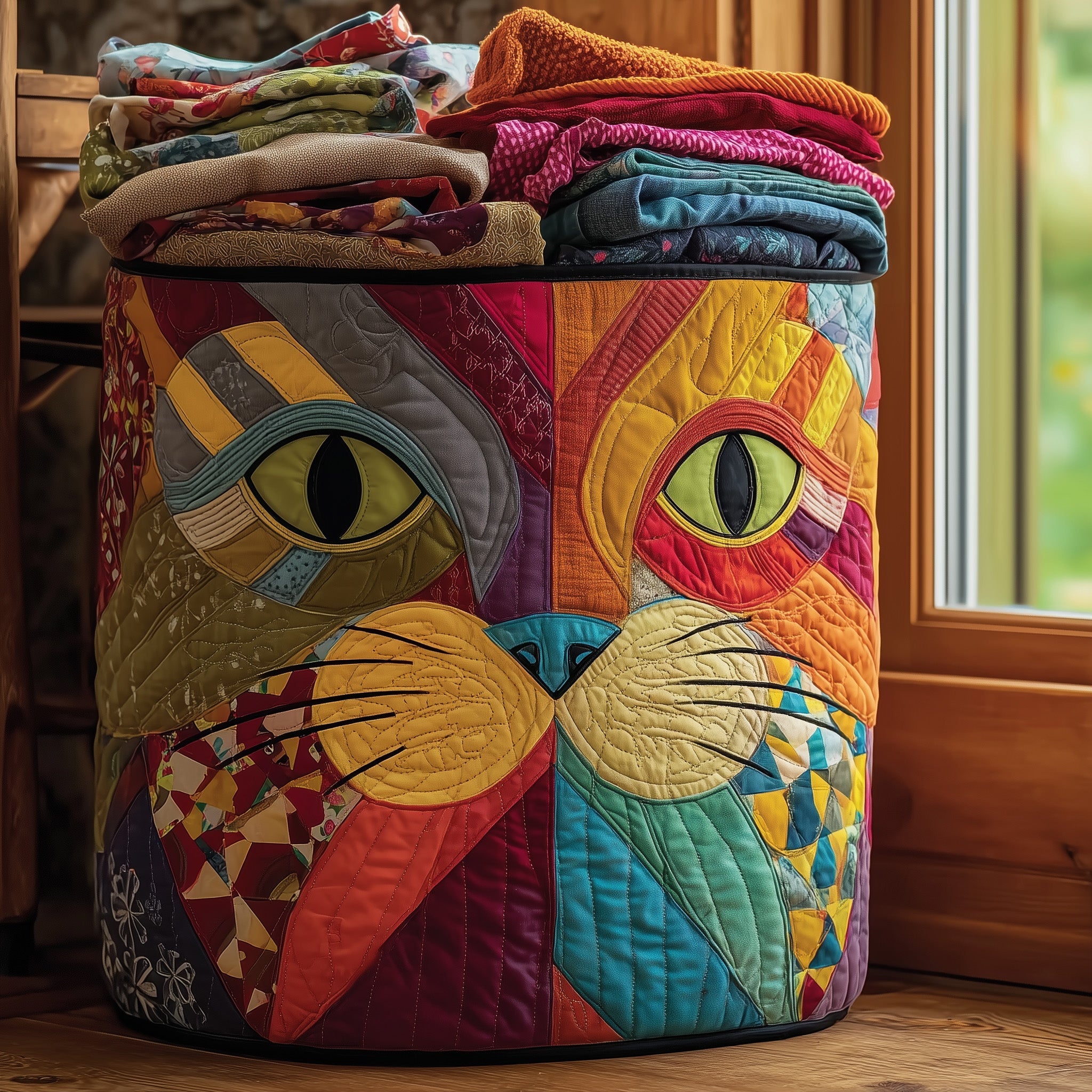 Funky Cat Quilted Laundry Basket Washroom Decor Baskets Birthday Gifts For Mom - Tradiviet