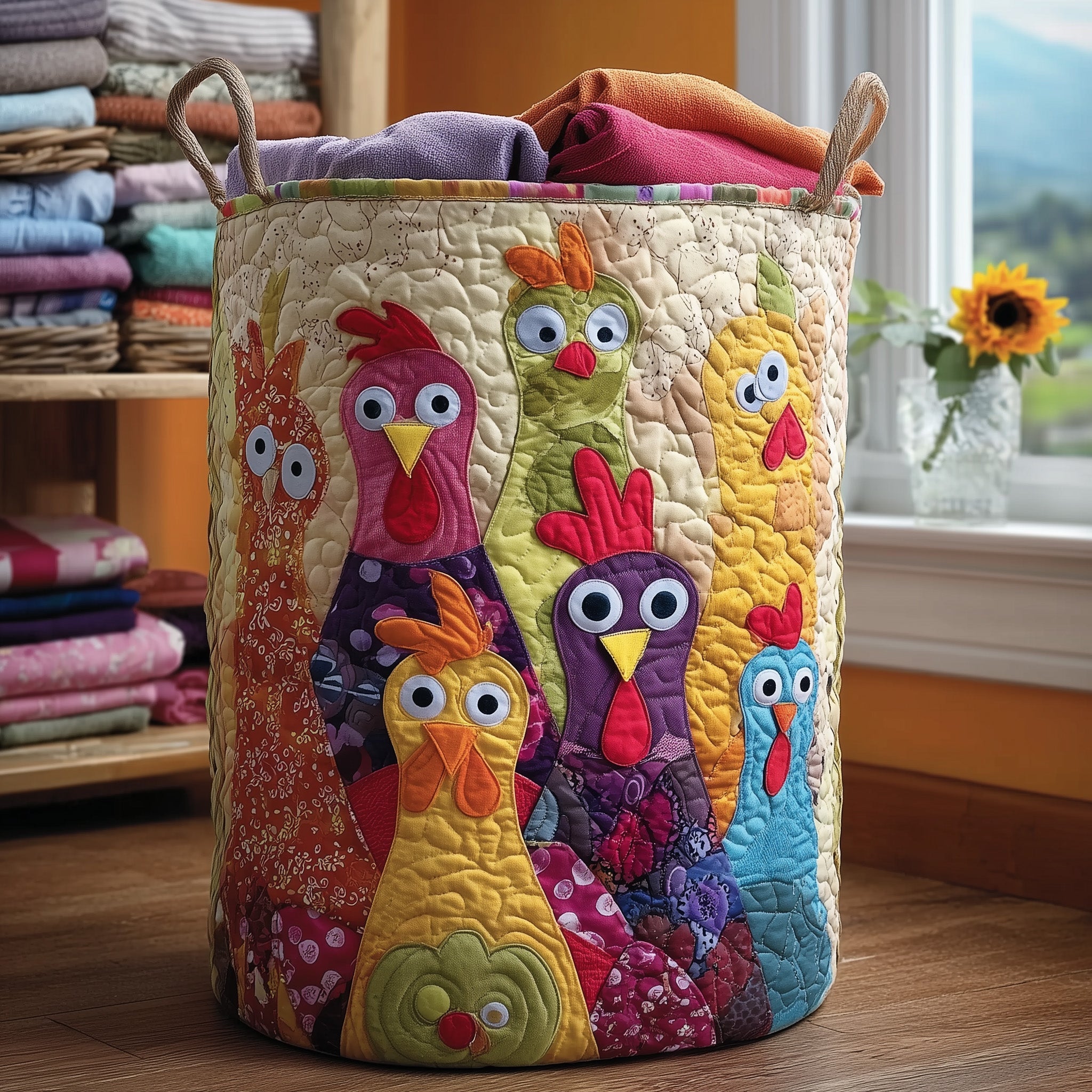 Funky Chicken Quilted Laundry Basket Cute Storage Baskets Great Father's Day Gifts - Tradiviet