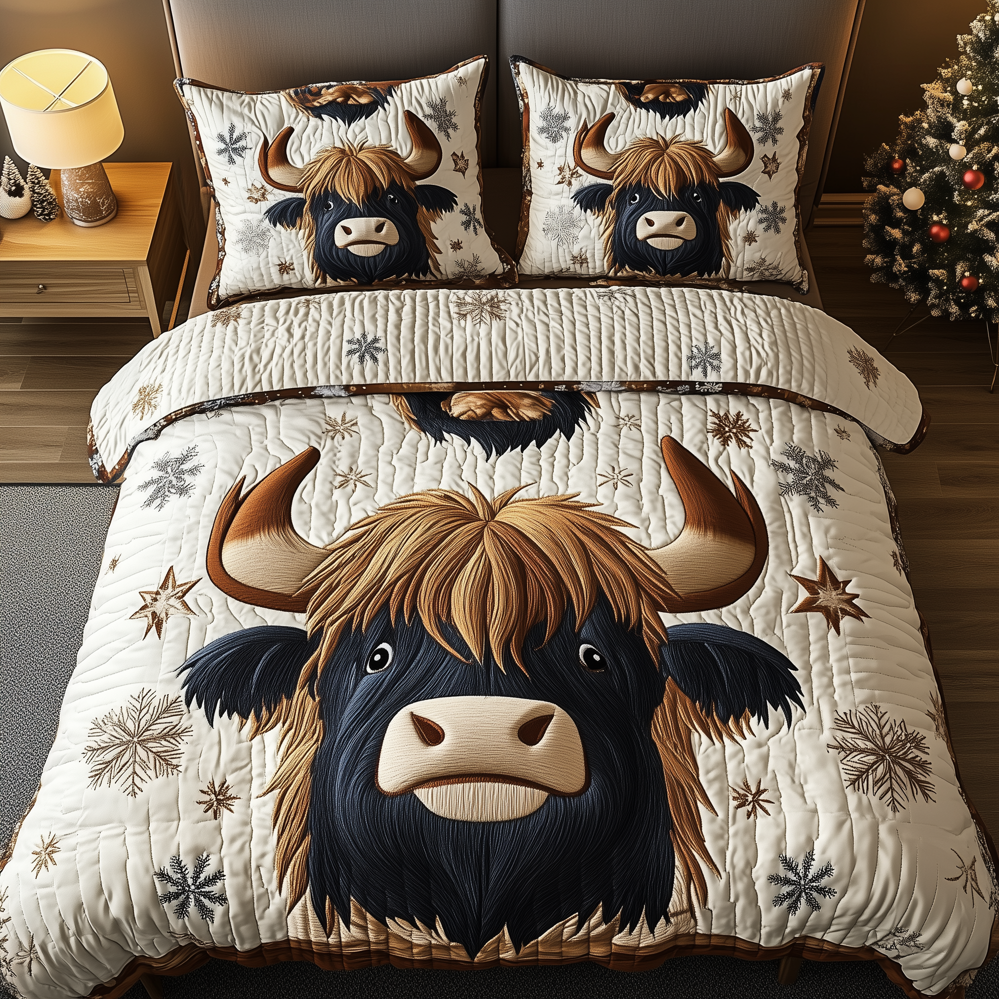 Funky Highland Cow Quilted Bedding Set Mens Bedroom Decor Highland Cow Gifts For Men - Tradiviet
