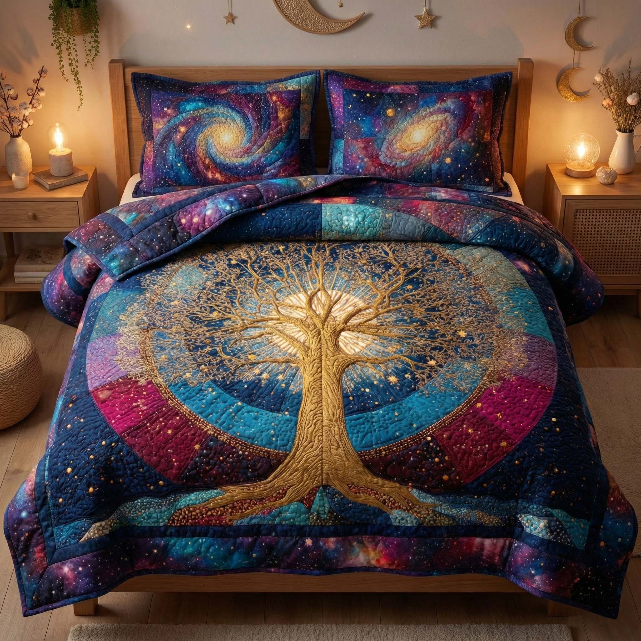 Galaxy Tree Quilted Bedding Set Holiday Home Decor Ideas Gift For Space Enthusiasts - Tradiviet