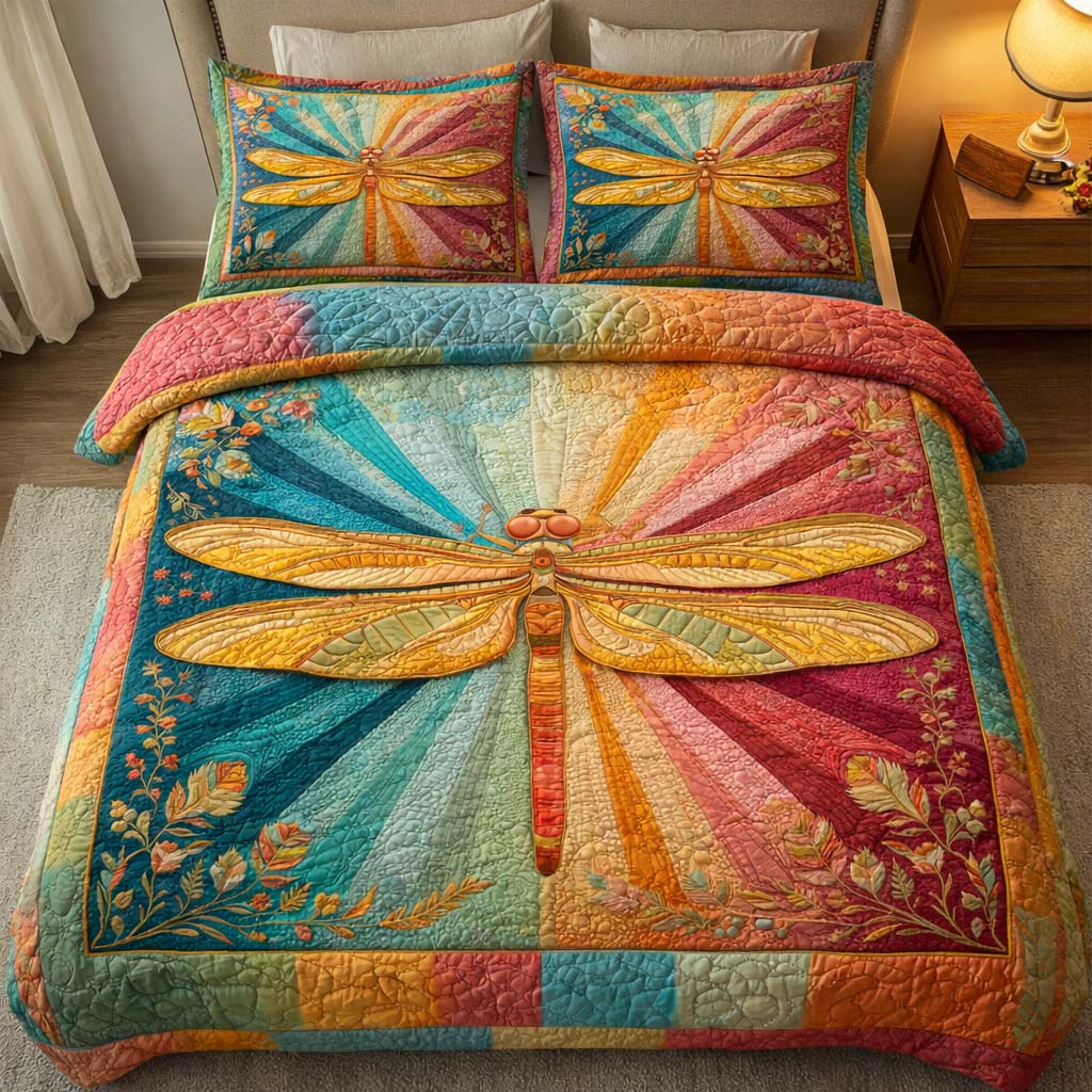 Garden Dragonfly Quilted Bedding Set Holiday Bedroom Decor Dragon Items For Lovers - Tradiviet