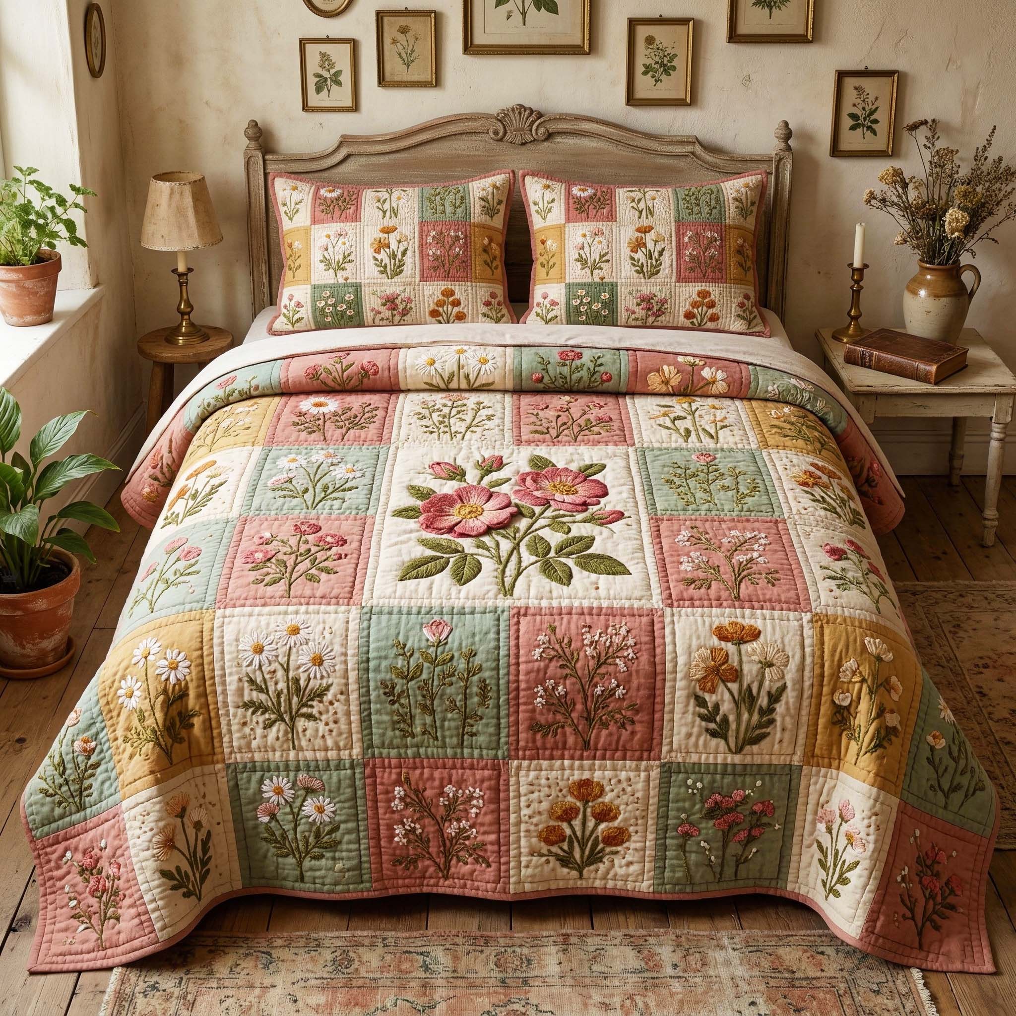 Garden Patchwork Quilted Bedding Set Room Decoration Items Gift For Rustic Charm - Tradiviet
