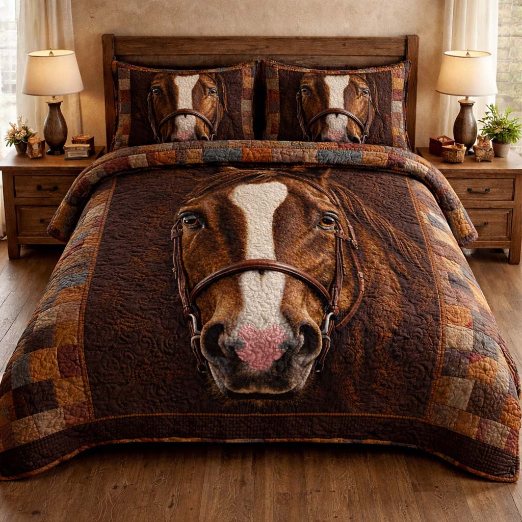 Gentle Brown Horse Quilted Bedding Set Mens Bedroom Decor Gift Ideas For A Horse Loving Woman - Tradiviet