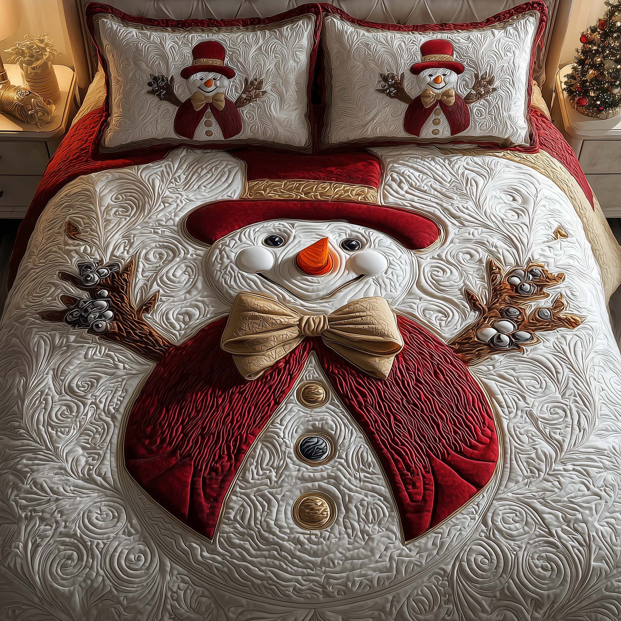 Giant Snowman Quilted Bedding Set Holiday Bedroom Decor Unique Snowman Gifts - Tradiviet
