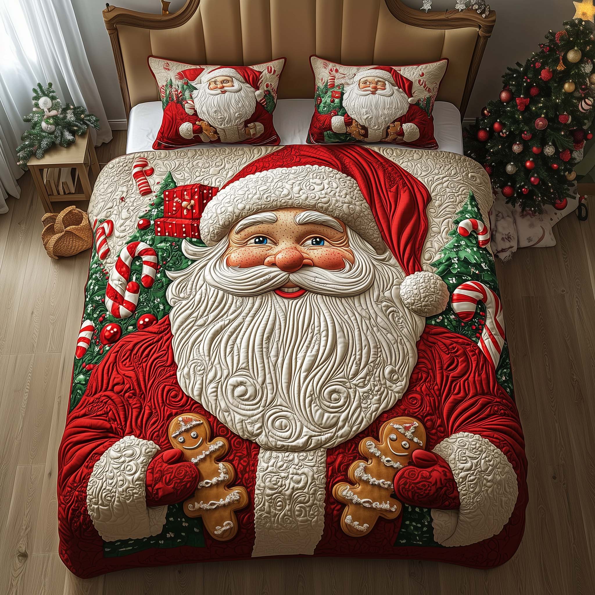 Gingerbread Santa Quilted Bedding Set Bedroom Decorations Holiday Gift From Santa Claus - Tradiviet