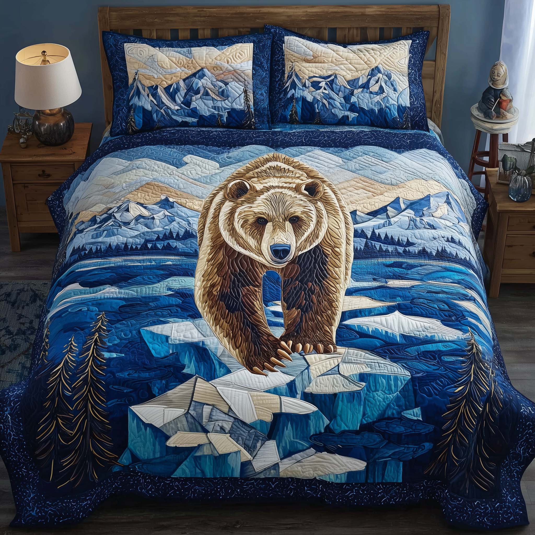 Glacier Bear Quilted Bedding Set Mens Bedroom Decor Bear Lovers Gifts For Him - Tradiviet