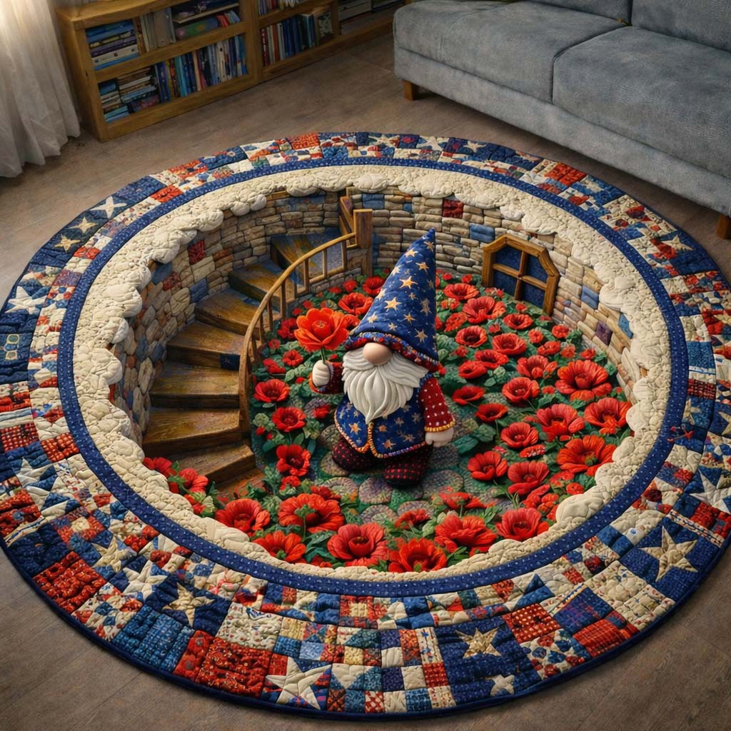 Gnome Garden Quilted Round Mat Patriotic Floral American Flag Home Decor Gift for Him - Tradiviet